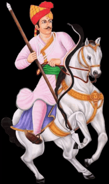 a painting of a man riding a white horse with a spear in his hand