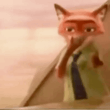 a cartoon fox wearing a green coat and tie is standing next to a tent .