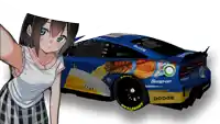 a girl taking a selfie next to a race car that says dodge on the side