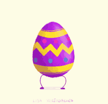 a purple and yellow easter egg with polka dots and a zig zag pattern