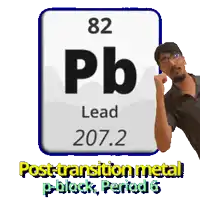 a man stands in front of a periodic table of the element lead