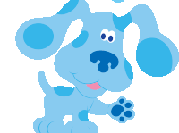 a cartoon drawing of a blue dog with a pink tongue sticking out