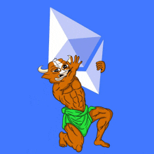 a cartoon drawing of a bull holding a pyramid