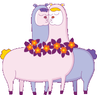 a couple of llamas kissing with purple flowers on their necks