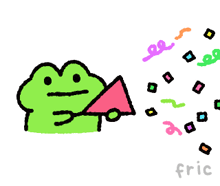 a drawing of a frog holding a megaphone with confetti coming out of it and the name fric on the bottom