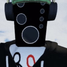 a person wearing headphones and a speaker on their head with the letter r on their shirt