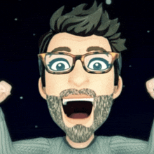 a cartoon of a man with glasses and a beard raising his fists in the air