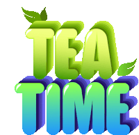 the word tea time is written in green and blue