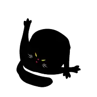 a silhouette of a black cat with yellow eyes and a pink nose