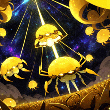 a bunch of yellow crabs are flying in the air