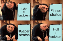 gru from despicable me is holding a clipboard that says ' gar til butikken ' on it