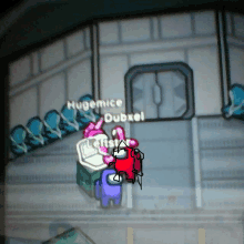 among us game with hugemice dubbel talking to a purple character