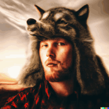 a man wearing a fur hat with a wolf 's face on it