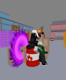 a red barrel with a maple leaf on it and a purple flame coming out of it