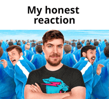 a man standing in front of a crowd with the words " my honest reaction " on the bottom