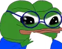 a green frog wearing glasses and a blue shirt is holding a piece of paper in its mouth .