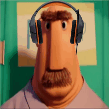 a cartoon character with a mustache wearing headphones in front of a sign that says f