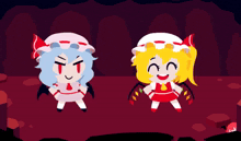 a cartoon drawing of a girl in a red dress and a girl in a yellow dress