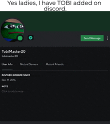 a screenshot of a discord account with the name tobimaster20 on it