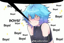 a girl with blue hair is surrounded by boys stickers