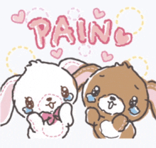 a cartoon of a rabbit and a teddy bear with the word pain in pink letters