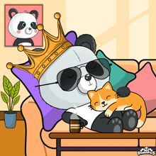 a panda bear is laying on a couch with a cat