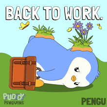 a penguin laying on its back with a suitcase and the words back to work written above it