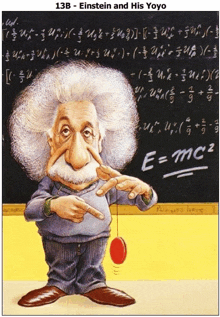 a cartoon of albert einstein holding a red yoyo