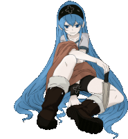 a drawing of a girl with long blue hair and a cross on her head