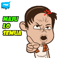 a cartoon of a man giving a thumbs up and the words maju lo semua behind him