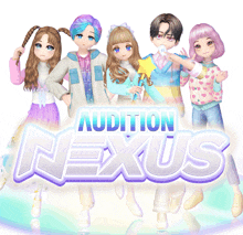 a group of anime characters standing next to a sign that says audition nexus