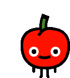 a cartoon drawing of a red apple with a green stem and white eyes and mouth .