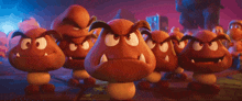 a group of cartoon mushrooms with angry faces are standing next to each other