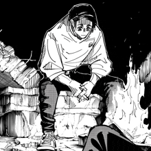 a black and white drawing of a man sitting on a stone wall