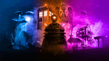 a purple and blue poster with a police box