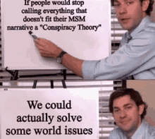 a man is holding a marker in front of a whiteboard and a sign that says we could actually solve some world issues .