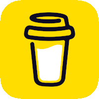 a black and yellow icon of a coffee cup with a lid