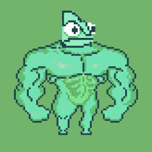 a pixel art drawing of a frog with big muscles on a green background