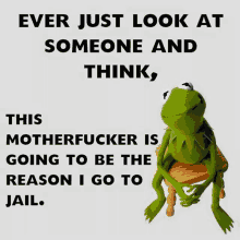 kermit the frog is sitting on a wooden chair with a caption that says ever just look at someone and think