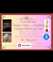 a certificate that says super star singing competition group on it