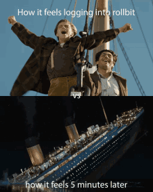 two men standing on top of a boat with the words " how it feels logging into rollbit " below them