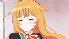 a girl with long orange hair is wearing a school uniform and a red bow tie .
