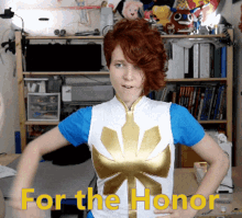 a woman in a superhero costume is standing in front of a bookshelf with the words for the honor written in yellow