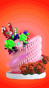 a pink cake with flowers and the name arita cruz on the bottom