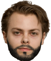 a close up of a man 's face with a beard on a white background