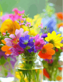 a painting of flowers in a glass jar with water