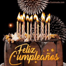 a birthday cake with fireworks behind it and the words feliz cumpleanos on it