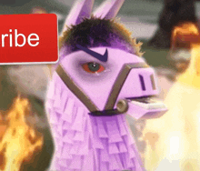 a purple llama is standing in front of a red sign that says " ribe "