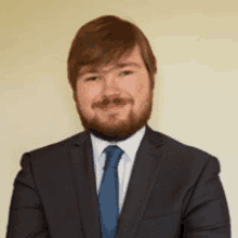 a man with a beard is wearing a suit and tie and smiling .