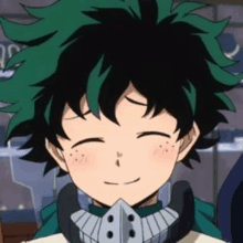 izuku midoriya from my hero academia is smiling with his eyes closed and wearing a mask .